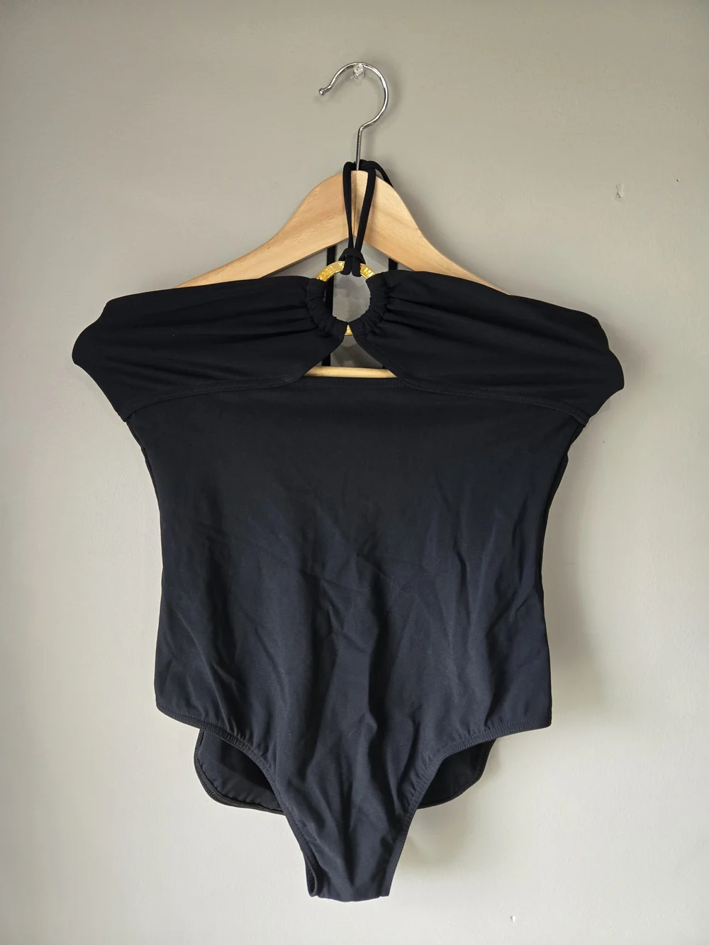 Michael Kors Black Off-Shoulder Halter Ring Bodysuit